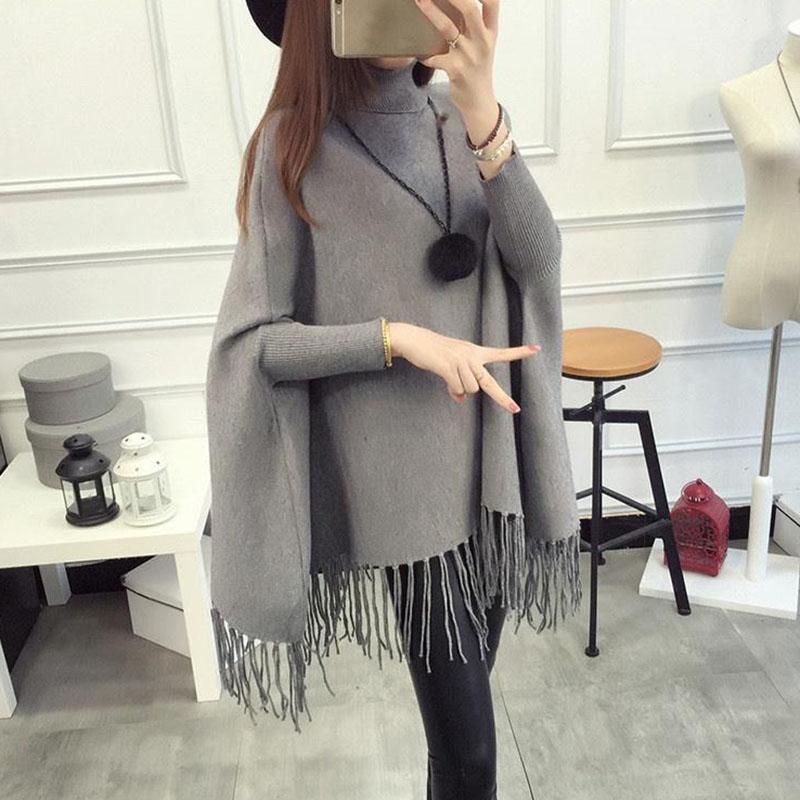 Autumn and Winter High Neck Tassel Sweater Pullover Mid-length Loose Top Knitted Casual Women's Bat Shirt