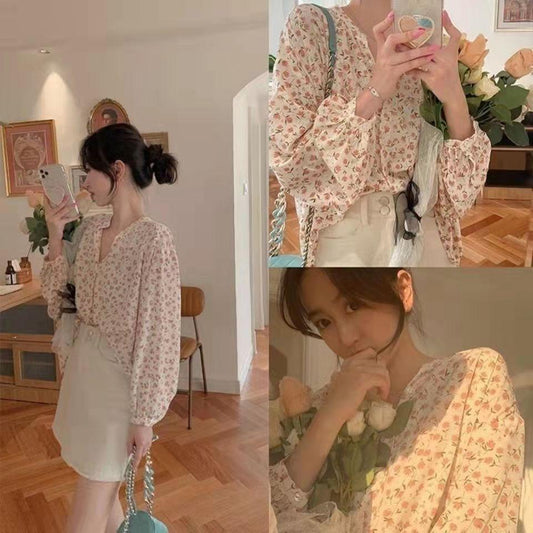 Blouses Women Spring Floral Lantern Sleeve O-neck Button Leisure Sweet French Style Ulzzang Chic All-match Tops Loose Female Hot