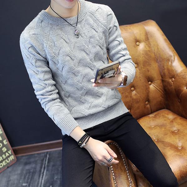 Men's Twisted Low Collar Warm Sweater Solid Color Long Sleeve Slim Top All-match Fashion Jacket