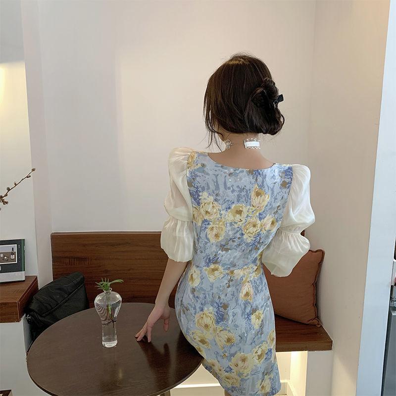 Female Vintage High Waist Super Fairy Holiday Dress Elegant Slim Floral Print Pleated Split Dress