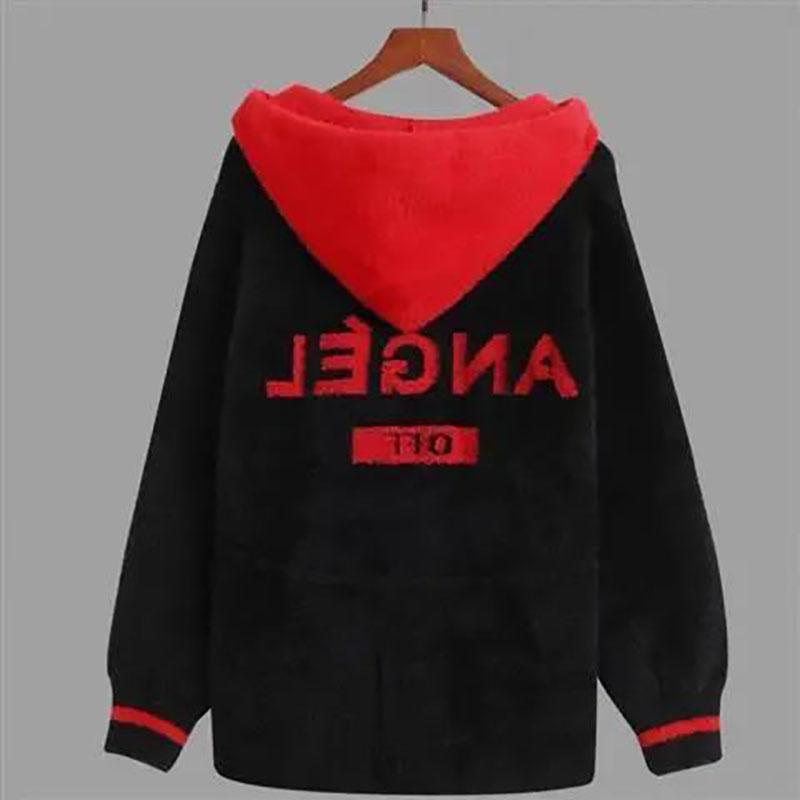 Autumn and Winter Stitching Color Letters Loose Button Short Jacket Thick Knitted Hooded Cardigan Sweater