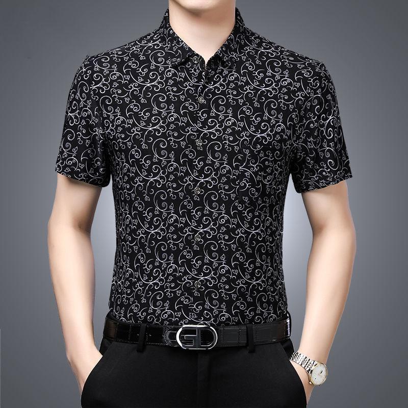 Summer Real Pocket Men's Short-sleeved Printed Shirt Fashion Simple Men's Shirt Middle-aged and Elderly Large Size Dad Outfit