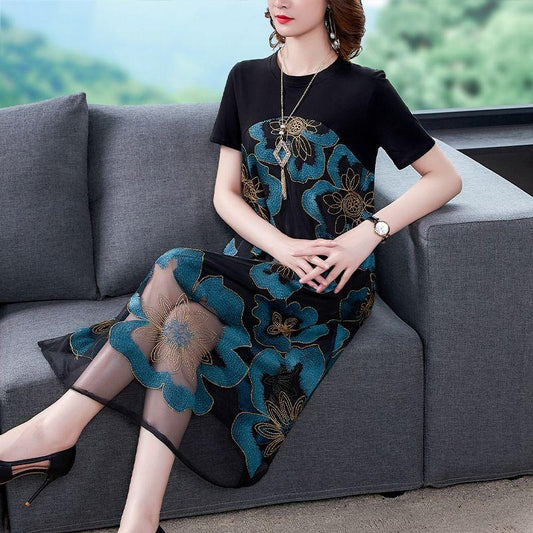 Large Siz M-XXXXL Summer Loose Chiffon Round Neck Exquisite Embroidery Pattern Stitching Mid-length Skirt