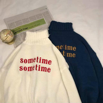 Pofulove Letters Embroidery Turtleneck Sweater Solid Color Female Loose Autumn Winter Couple Sweater