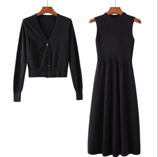 Autumn Cardigan Dress Two-piece Elegant Temperament Suit Mid-length Style Waist Slimming Over The Knee Knitted Dress