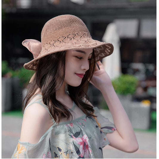 Women's Summer Bow Ribbon Sunscreen Hat Hollow Out Sun Cap Washable Folding Big Edge All Match Fisherman Hat Outdoor Sunshade Cool Hat