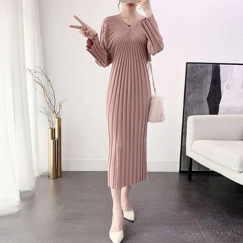 Autumn and Winter Long Knitted Dress Slim Fashion V-neck Sweater Dress Solid Color Women's Pleated Dress