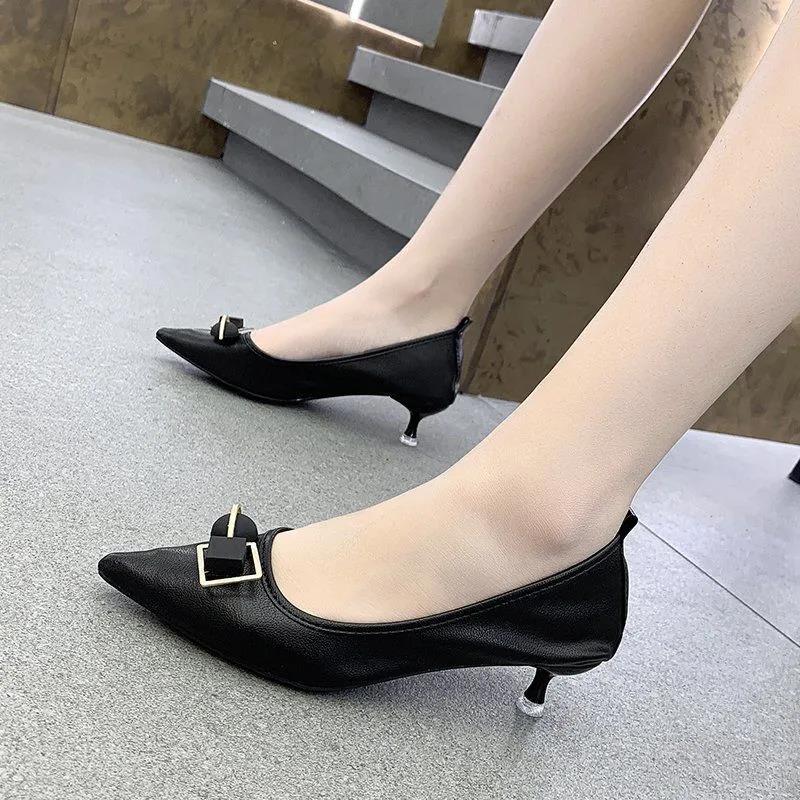 Genuine Leather High-heeled Stiletto All-match Work Women's Shoes Mid-heel Leather Shoes Pointed Toe Non-grinding Single Shoes