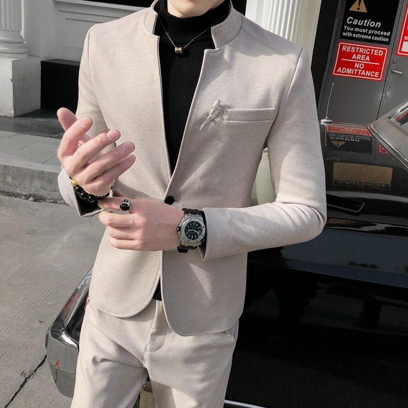 Men's Two-piece Suits Slim-fit Stand-up Collar Small Suit Groomsmen Groom Dress Suit Jacket Trousers Suit