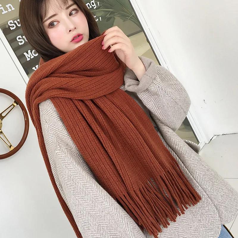 Scarf Women Autumn Winter Thicken Warm Kint Shawls Wraps Lady Fashion Elegant Solid Long Soft Scarves 2021 New Female Knitted Scarfs