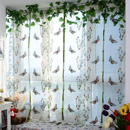 Romantic Butterfly Floral Voile Tulle Curtains Draw String  Door Window Curtain Balcony Panel Sheer Curtains