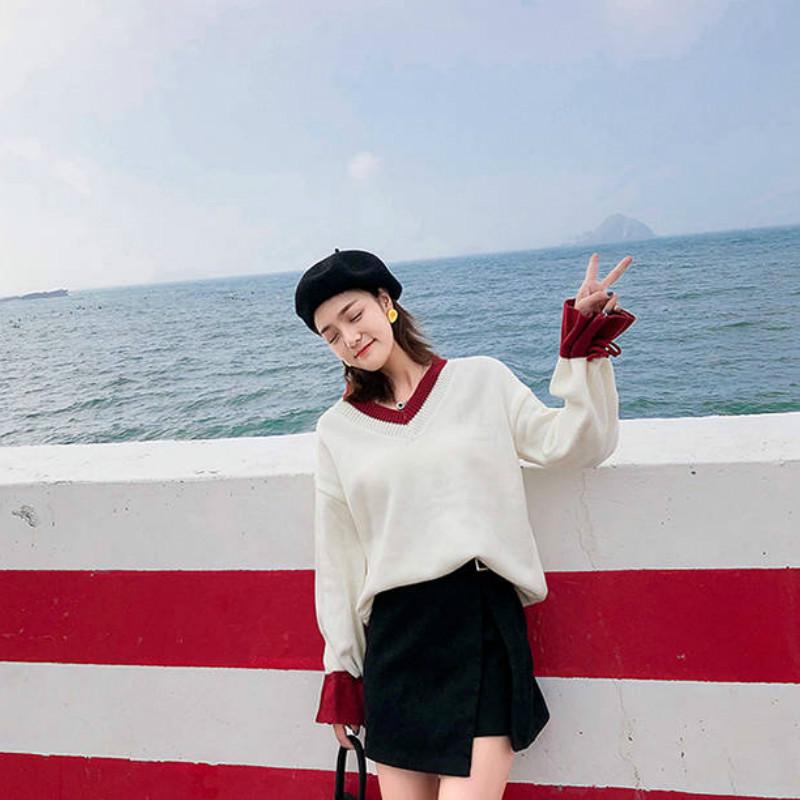 Pofulove Pullover Sweater V-neck Flared Sleeve Loose Autumn Winter Sweet Korean Knitting Sweater