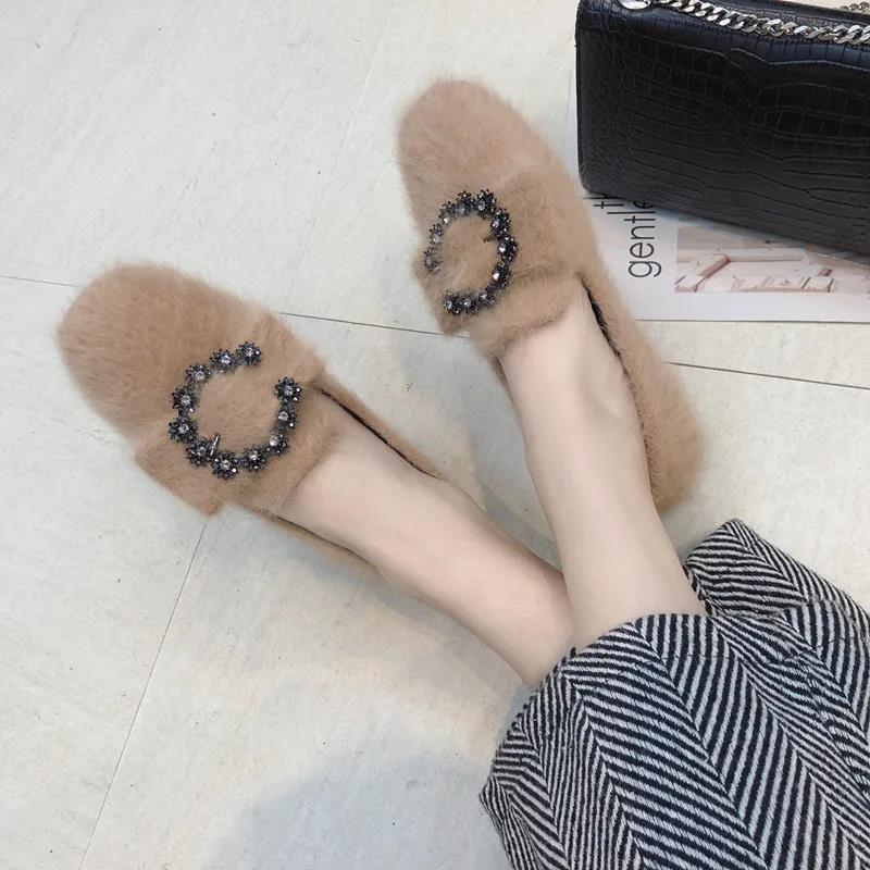 Peas Shoes Women Wild Furry Overshoes Women Casual Flat Single Shoes Furry Shoes Ladies Temperament Moccasin Shoes