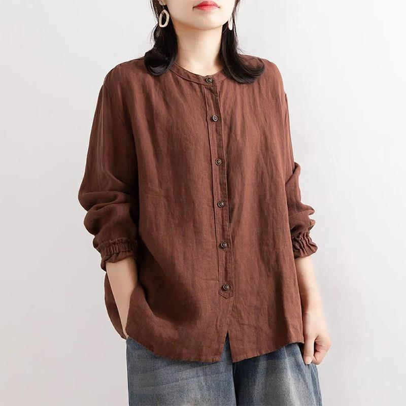 Literary Retro Spring and Autumn Cotton and Linen Shirt Women's Loose Round Neck Shirt Jacket Casual Jacket Closed Sleeve Top Women