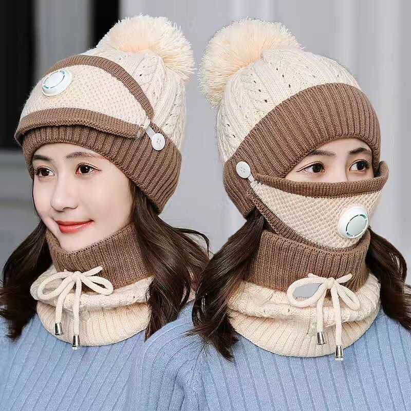 Women's Winter Hat with Velvet To Keep Warm One-piece Woolen Knit Hat Ladies Cycling Wind and Cold Bib Breathing Valve Mask One-piece Cap