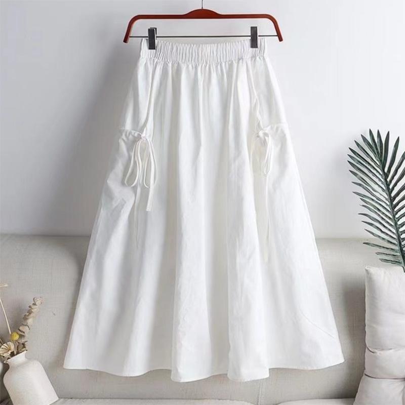 Summer Cotton All-match Solid Color Lace Drawstring Pocket Mid-length Cotton Workwear Half-length A-line Skirt Women