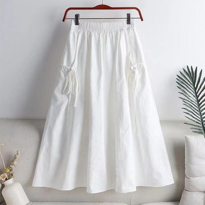 Summer Cotton All-match Solid Color Lace Drawstring Pocket Mid-length Cotton Workwear Half-length A-line Skirt Women