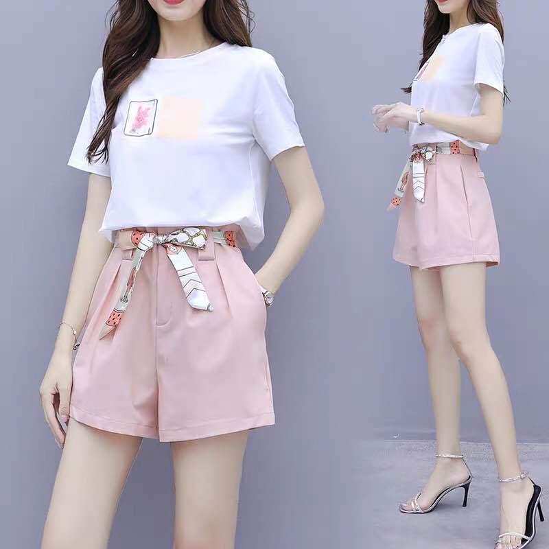 Pofulove Female Shorts Set Print Short Sleeve T-Shirt Wide Leg Shorts Two Piece Set Summer Outfits