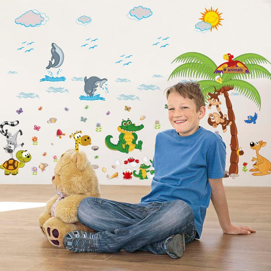 Cartoon Animal Beach Three Generations Removable Children's Room Bedroom Wall Stickers