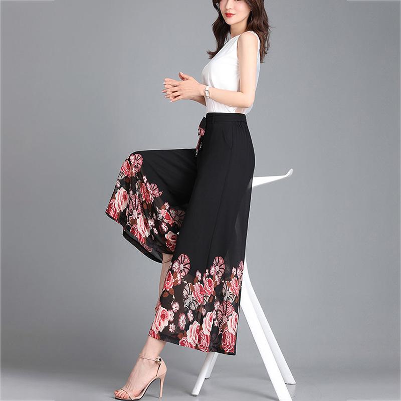 WTEMPO Women Floral Chiffon Ankle-Length Pants Wide-leg Pants Loose High Waist Trousers Cool and Breathable