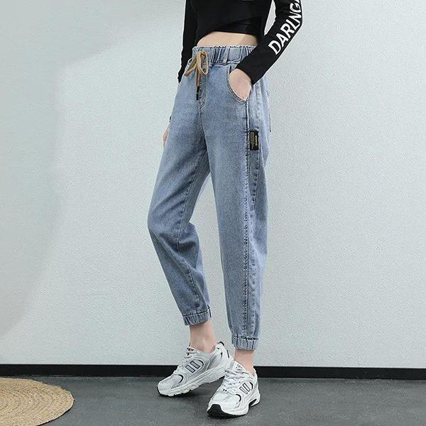 Women Spring and Autumn Large Size Streetwear Cropped Jeans Loose Solid Color High Waist Elastic Casual Jeans