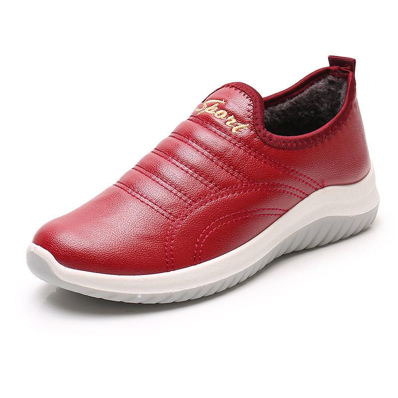 Cotton Shoes Women Winter Plus Flannel Shoes Leather Waterproof Non-slip Leather Shoes Rubber Sole Pedal Work Cotton Boots