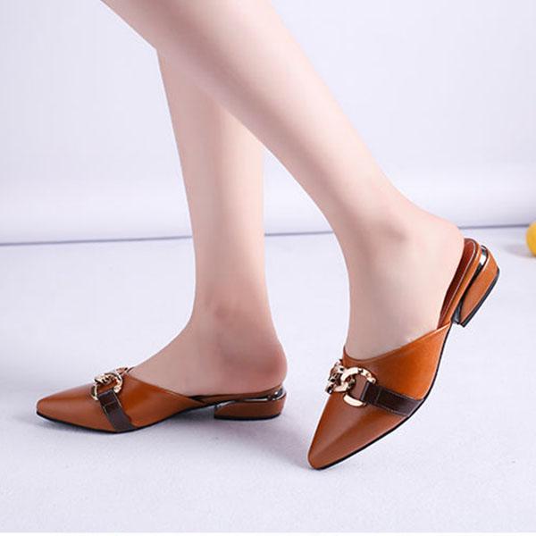 Plus Size Women Slippers Outdoor High Heels Non-slip Office Lady Pointed Toe Leather Sandals