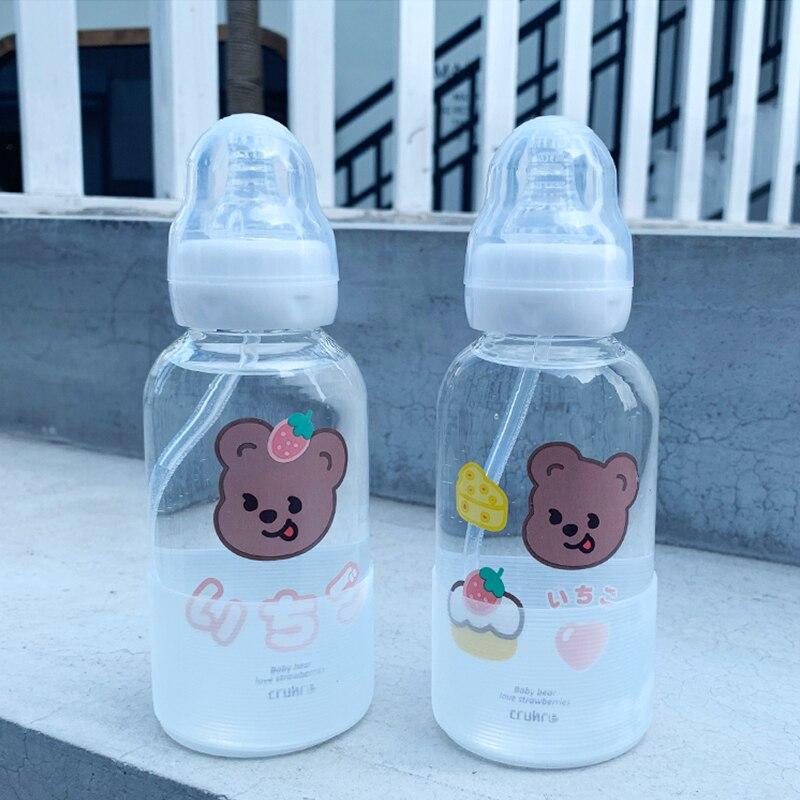 Cute Girl Glass  Water Bottle Creative Fashion Bear Pattern Personality Straw Cup Student Couple Portable Water Cup