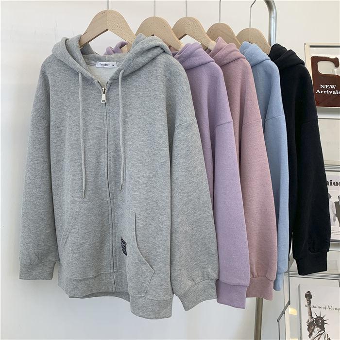 Women's Solid Color Hooded Jacket Lazy Style Zipper Cardigan Top Ladies Sportswear Coat Autumn Outwear Big Pocket Top