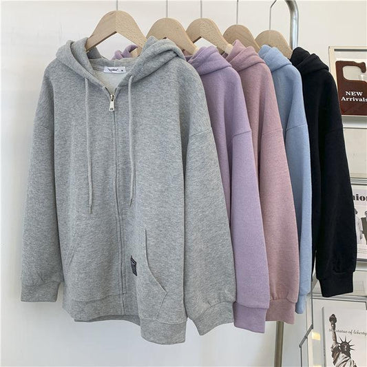 Women's Solid Color Hooded Jacket Lazy Style Zipper Cardigan Top Ladies Sportswear Coat Autumn Outwear Big Pocket Top