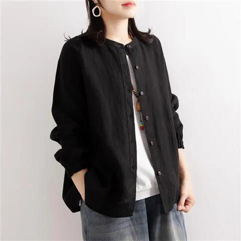 Literary Retro Spring and Autumn Cotton and Linen Shirt Women's Loose Round Neck Shirt Jacket Casual Jacket Closed Sleeve Top Women