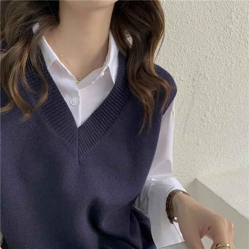 Women's Shirt Sweater Two Piece Set Sweater Vest Women V-neck Solid Simple Slim All-match Casual Style Chic Autumn Winter Sleeveless Sweaters