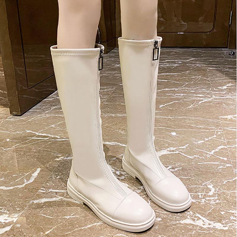 Elastic Boots Single Boot Front Zipper Versatile Long Boots Women's Slim Flat Bottomed Knight Boots Leather Boots