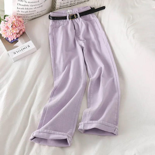 High Waist Jeans Female Straight Widespants Purple Trousers Loose Loose Wild