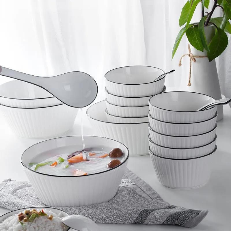 Black Line Vertical Pattern 18-piece Dish Set Household Ceramic Bowls and Dishes Large Noodle Bowl Soup Bowl Deep Dish Soup Plate Dish Tableware