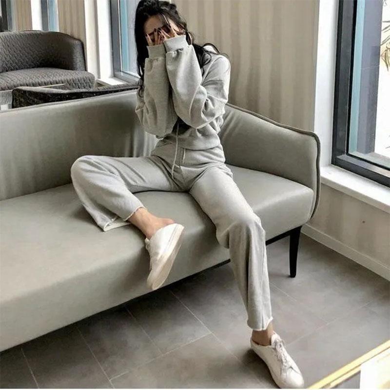 2PCS Women's Spring/Summer Casual Suit Long Sleeve Short Hooded Sweater + Loose Thin Elastic High Waist Wide Leg Pants Ladies Two-piece Sports Suit