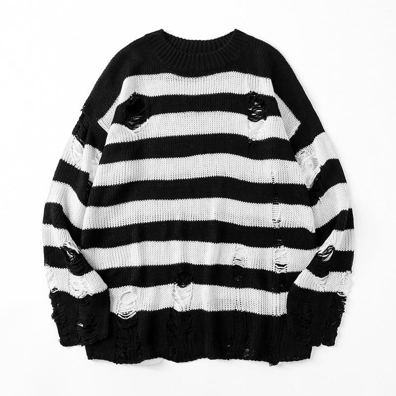 Couple Sweater Loose Lazy Trend Knit Bottoming Hole Men's Sweater Gothic Emo Punk Grunge Ripped Striped Sweater