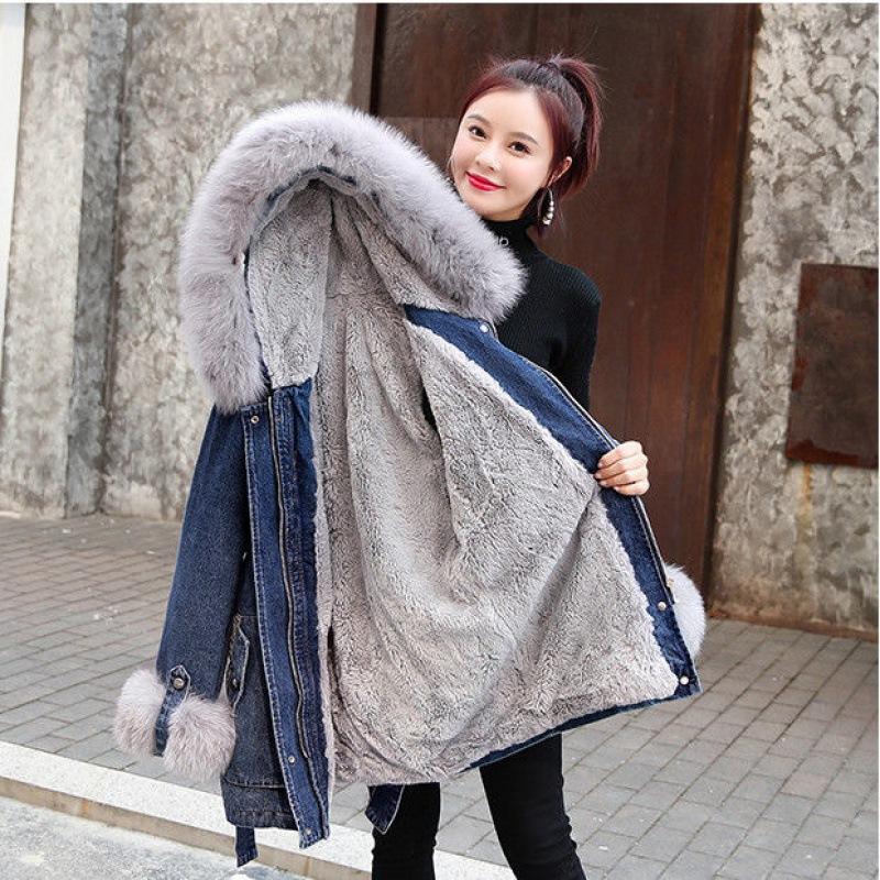 Denim Jacket Women Winter Jeans Jackets and Coats Fur Collar Hooded Thick Plush Warm Parka Casual Loose Jackets Mid-length Outwear Medium Long Clothes