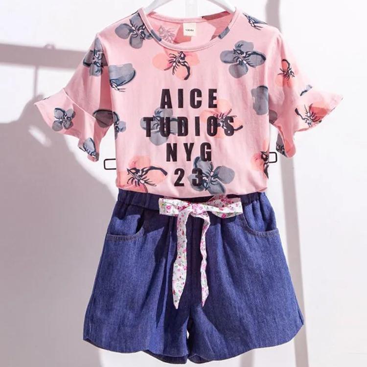 2PCS Children Clothing Set Spring Summer Girls Suits Printing Letter Short Sleeve Tops + Pants Clothing Set