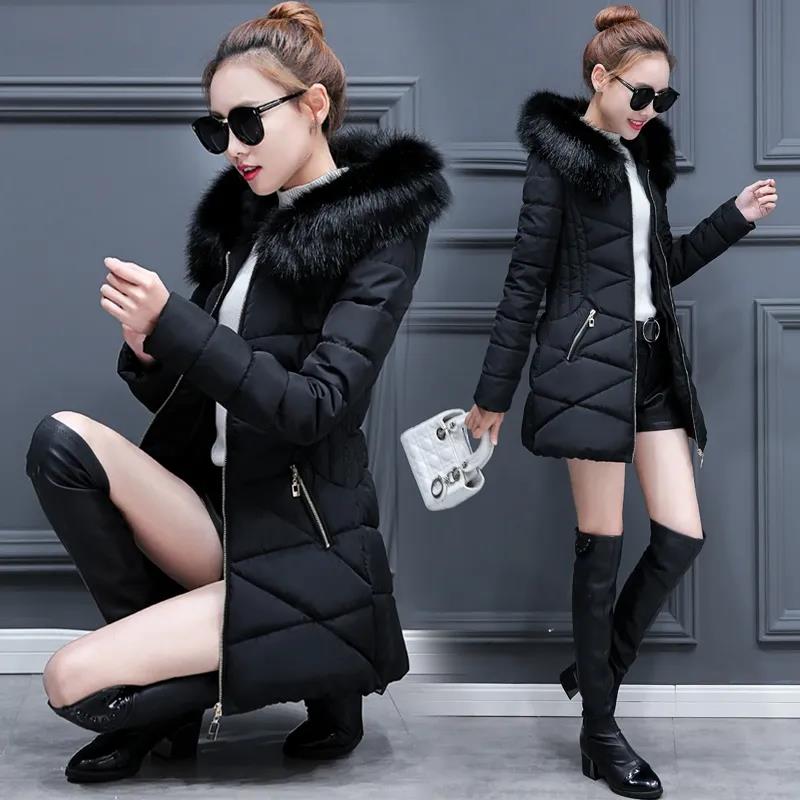 Down Jacket Winter Ladies Fashion Korean Big Fur Collar Thick Warm Hooded Mid-length Plus Size Cotton Jacket