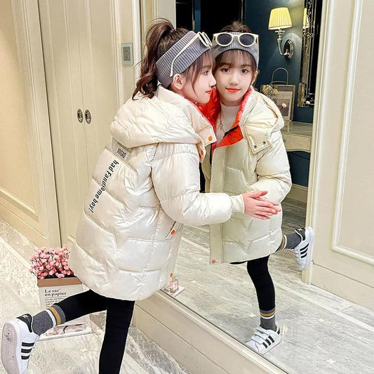 Girls Mid-length Disposable Printed Hooded Cotton Jacket Warm and Windproof Padded Winter Jacket