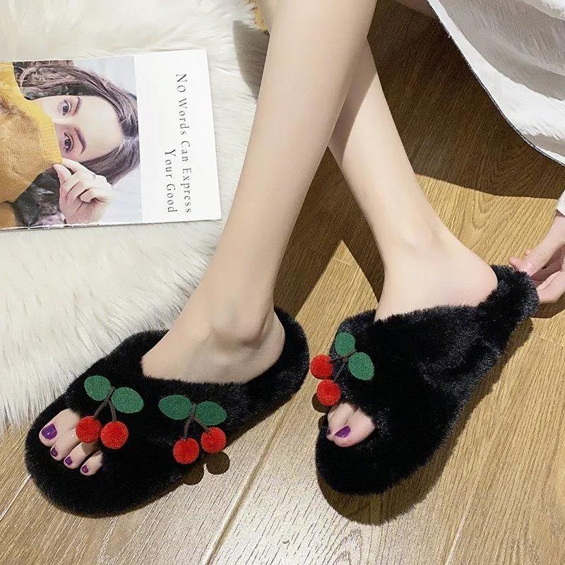 Autumn and Winter Women's Cotton Slippers Plush Slippers Fashionable Outside Wear All-match Flat-soled Flat Shoes