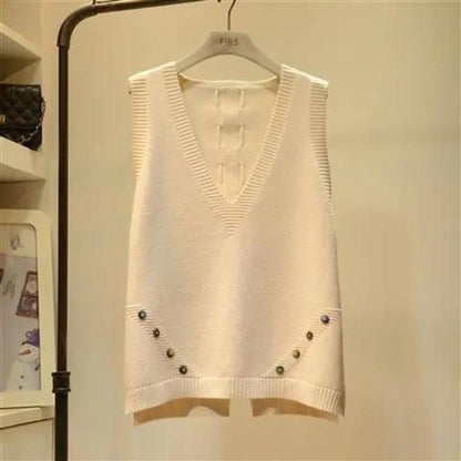 Color Button V-neck Knitted Vest Women Loose and Versatile Back Strap Sweater Vest Ladies Pure Color Vest Thin Sweater