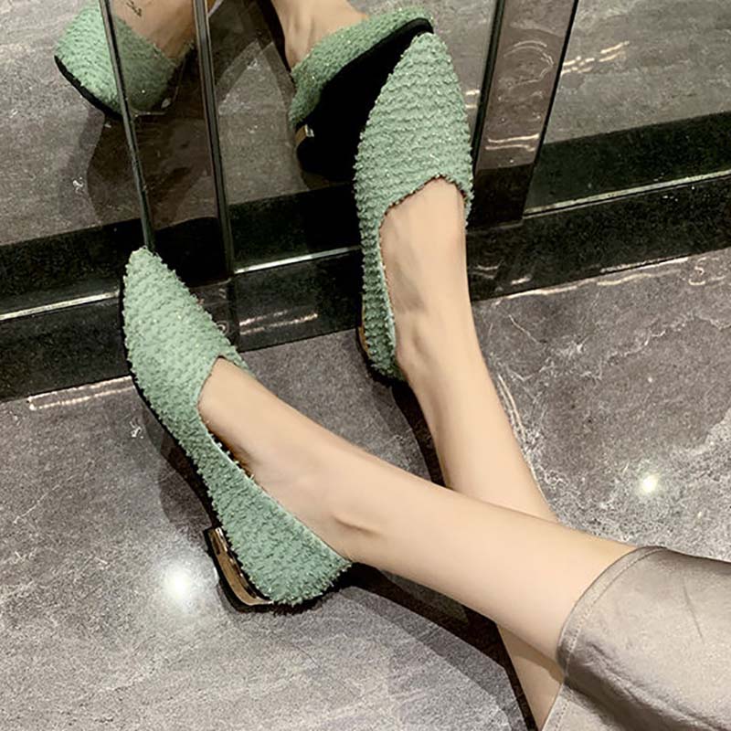 Low-heeled Shoes Spring Single Shoes Female Students Korean Version of All-match Pointed Toe Shallow Mouth Pedal Thick Heel Peas Shoes