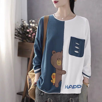 Cute Bear Print T-shirt Large Size Ladies Long Sleeve Shirt Casual Loose Pullover Summer