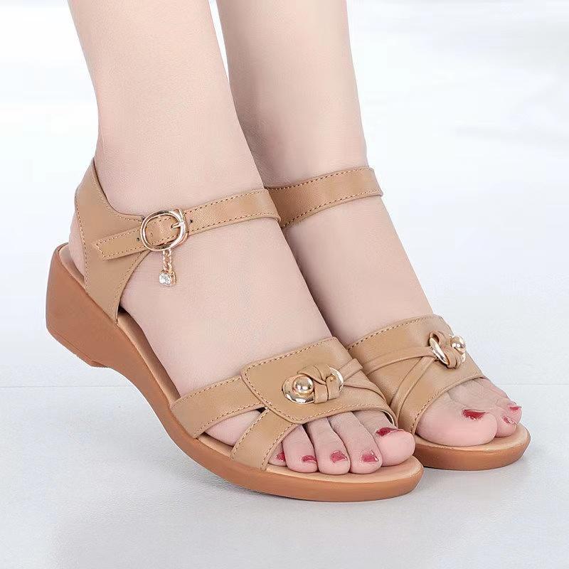 Summer Women's Sandals Wedge Heel Flat Soft Leather Soft Bottom Sandals All-match Non-slip Simple Temperament Sandals One Word Buckle