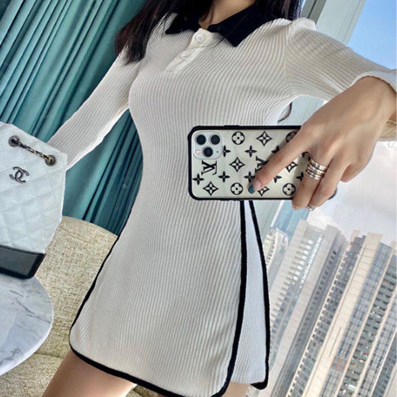 Spring and Autumn Lapel Temperament Short Skirt Casual Hit Color Slim Top Coat Hip Long Sleeve Female Dress