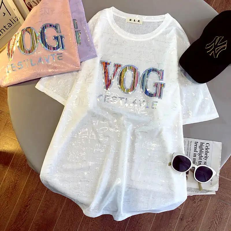 Glossy Letters Mid-length Short-sleeved T-shirt Women Loose Wild All-match Hedging Sunscreen Top Ladies Loose Casual Mid-length T-shirt