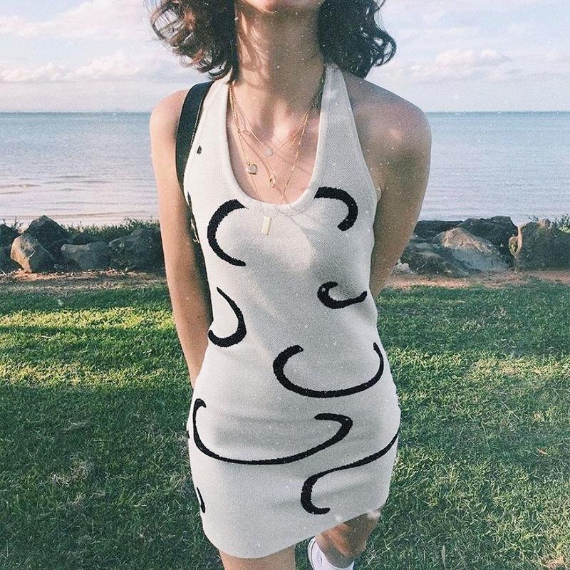 Female Summer Simple Wool Print Elegant Beach Dress Slim Wrap Hip Short Vintage Graceful Dress