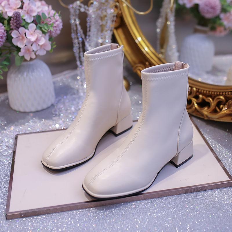 Thick Heel Martin Boots Spring and Autumn Single Boots Middle Heel Soft Leather Women's High Top Small Leather Shoes Short Boots